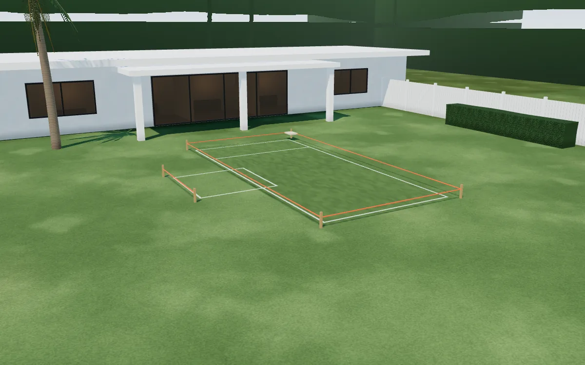 A lawn with the pool outline staked, strung and painted on the grass