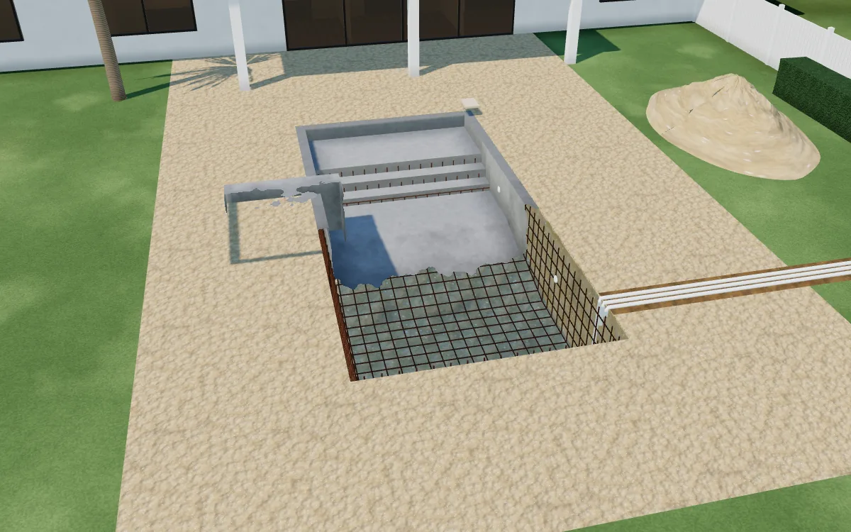 The excavated pool with its steel cage stepping up for the sun shelf, plumbing lines and the concrete shell being sprayed