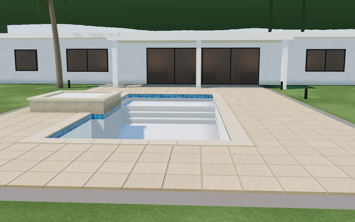 Blue waterline tile, travertine coping, a paver deck and a bright white interior finish