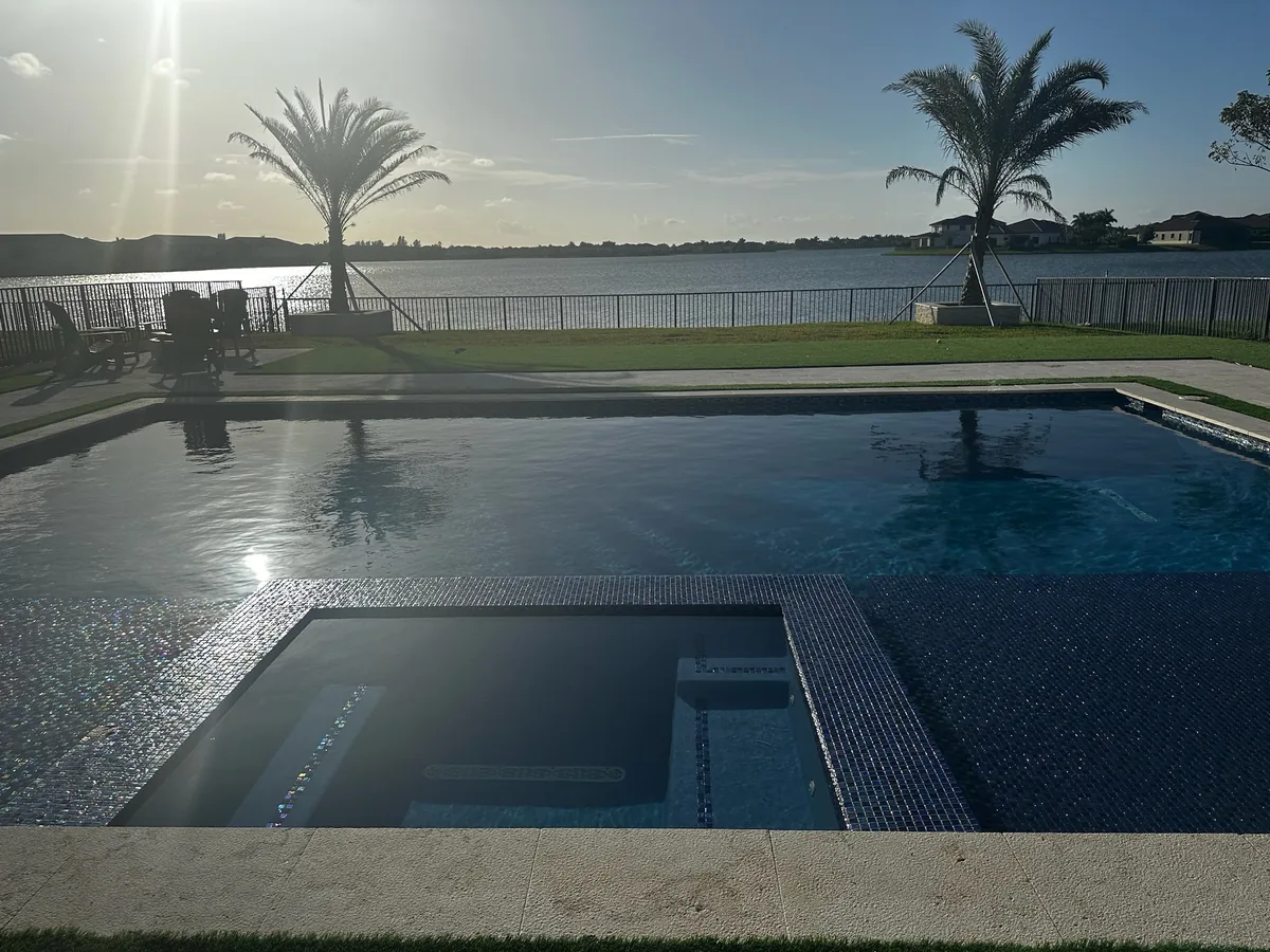 Pool and raised spa facing a lake with palms in early light