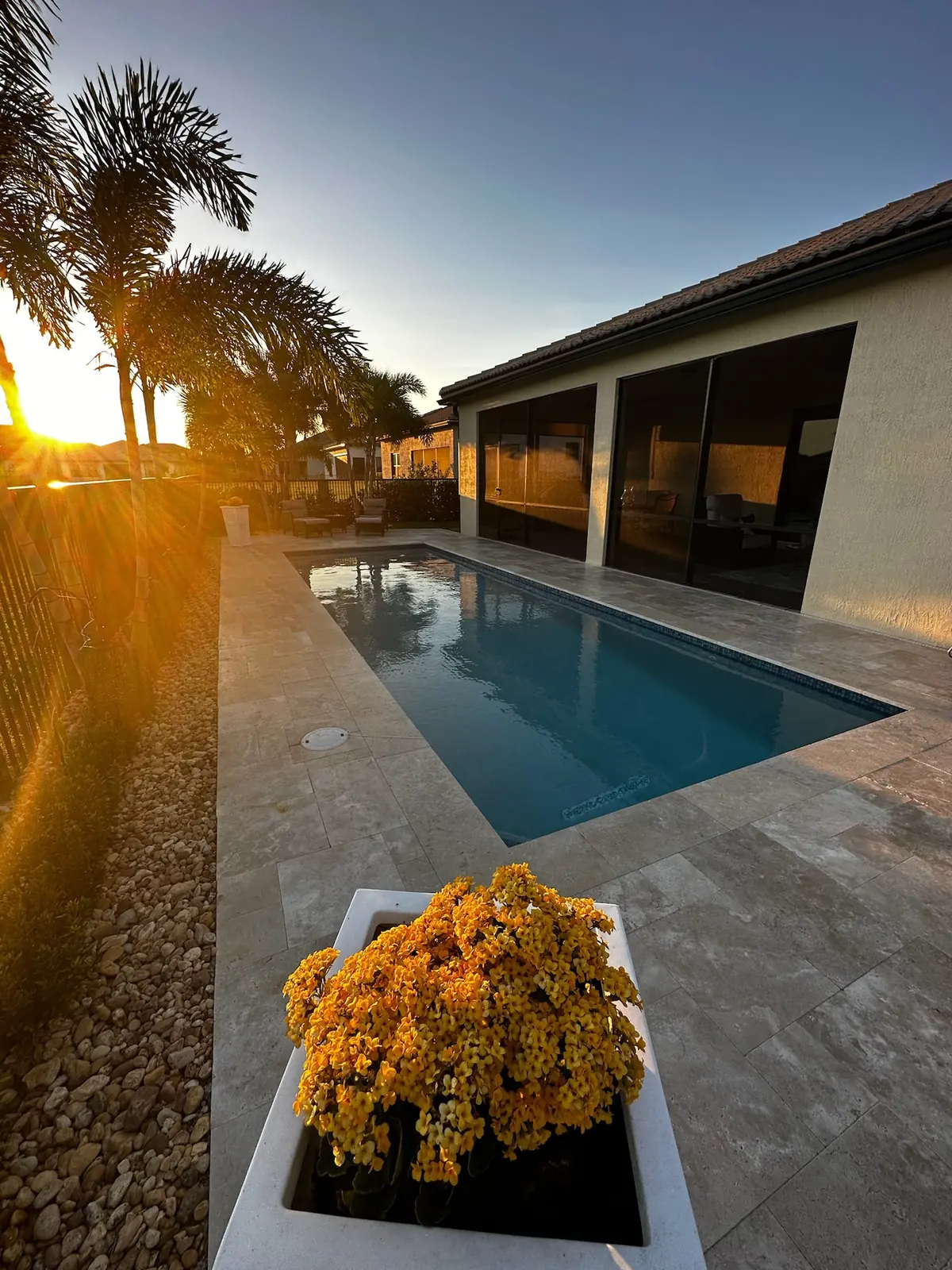 Pool beside a covered lanai at golden hour, with a yellow flower planter