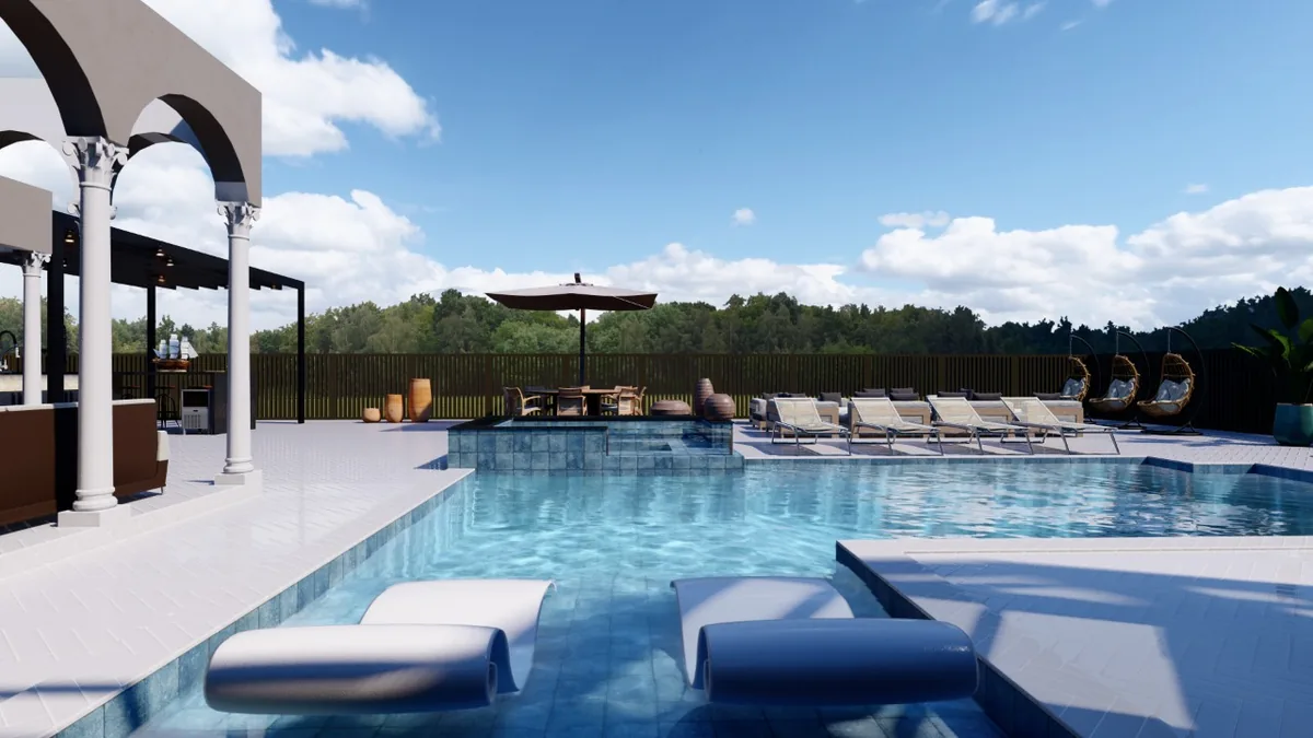3D design rendering: pool and outdoor living at a white home with arched lanai