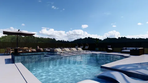 3D design rendering: pool and outdoor living at a white home with arched lanai