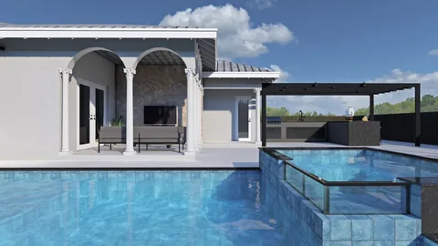 3D design rendering: pool and outdoor living at a white home with arched lanai