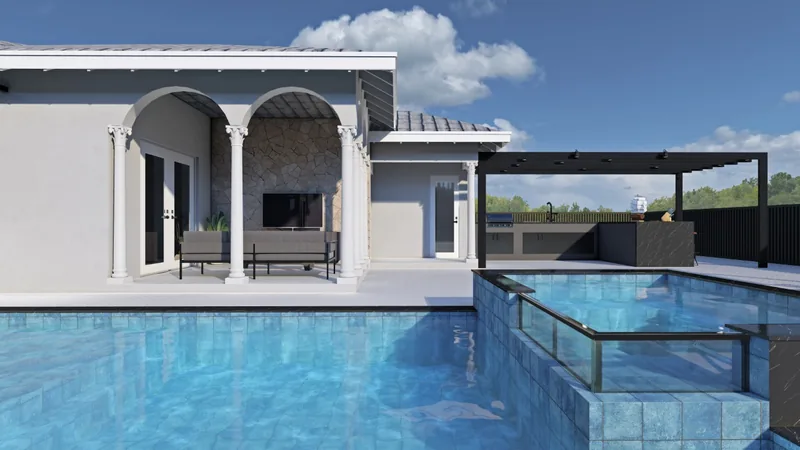 3D design rendering: pool and outdoor living at a white home with arched lanai
