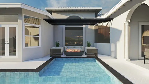 3D design rendering: pool and outdoor living at a white home with arched lanai
