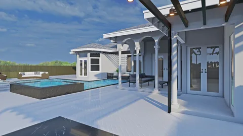 3D design rendering: pool and outdoor living at a white home with arched lanai