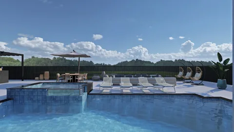 3D design rendering: pool and outdoor living at a white home with arched lanai