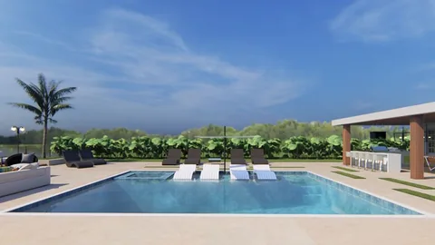 3D design rendering: rectangular pool with a cabana, outdoor kitchen and lounge