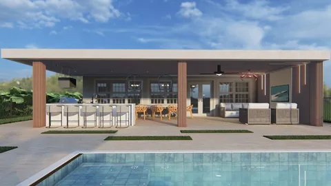 3D design rendering: rectangular pool with a cabana, outdoor kitchen and lounge