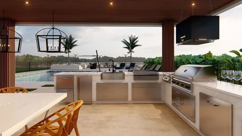 3D design rendering: rectangular pool with a cabana, outdoor kitchen and lounge