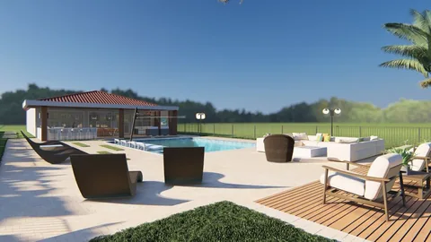 3D design rendering: rectangular pool with a cabana, outdoor kitchen and lounge