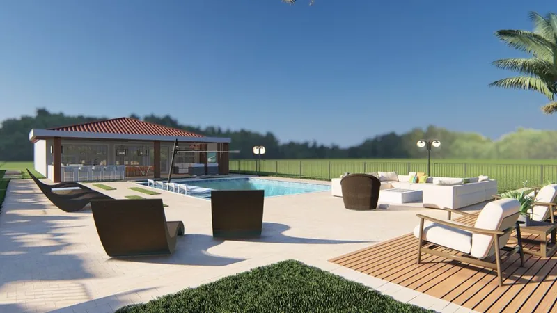 3D design rendering: rectangular pool with a cabana, outdoor kitchen and lounge
