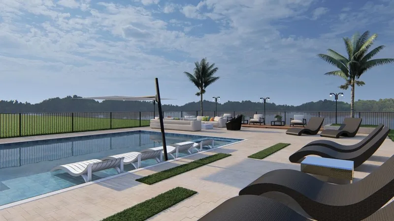 3D design rendering: rectangular pool with a cabana, outdoor kitchen and lounge