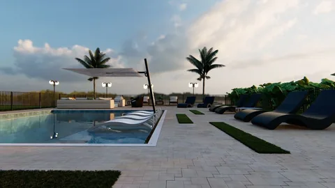 3D design rendering: rectangular pool with a cabana, outdoor kitchen and lounge