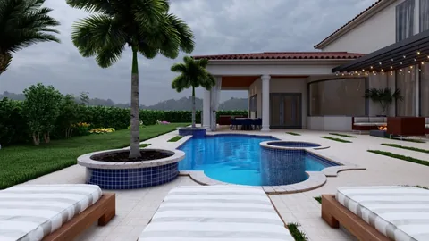 3D design rendering: freeform pool and spa with a fire feature at a white home