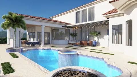 3D design rendering: freeform pool and spa with a fire feature at a white home