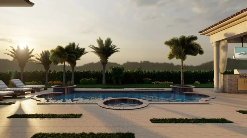 3D design rendering: freeform pool and spa with a fire feature at a white home