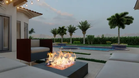 3D design rendering: freeform pool and spa with a fire feature at a white home