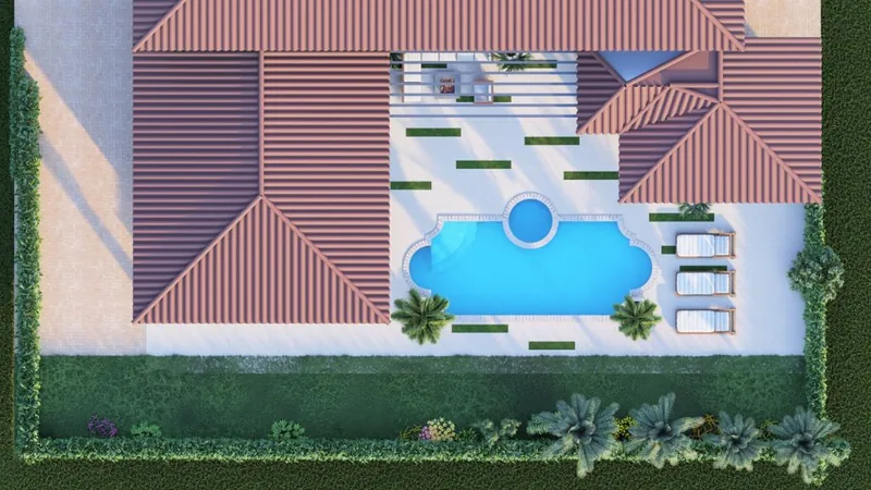 3D design rendering: freeform pool and spa with a fire feature at a white home (site plan, top view)