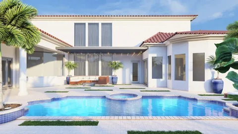 3D design rendering: freeform pool and spa with a fire feature at a white home