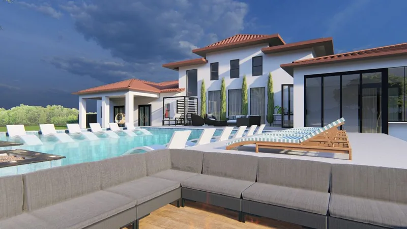3D design rendering: pool with in-pool loungers, fire pit lounge and palms at a Mediterranean-style home