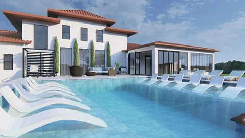 3D design rendering: pool with in-pool loungers, fire pit lounge and palms at a Mediterranean-style home