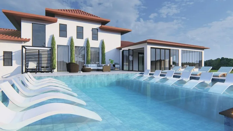 3D design rendering: pool with in-pool loungers, fire pit lounge and palms at a Mediterranean-style home