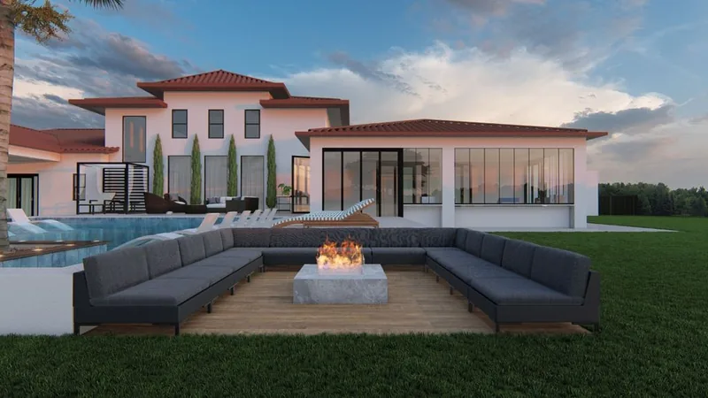 3D design rendering: pool with in-pool loungers, fire pit lounge and palms at a Mediterranean-style home