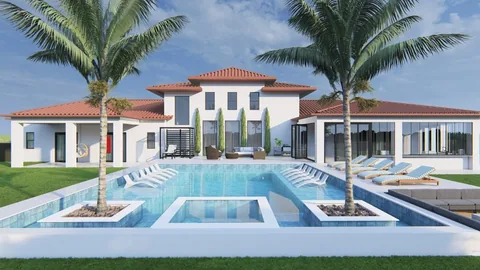 3D design rendering: pool with in-pool loungers, fire pit lounge and palms at a Mediterranean-style home