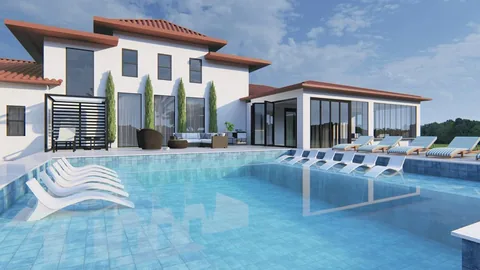 3D design rendering: pool with in-pool loungers, fire pit lounge and palms at a Mediterranean-style home
