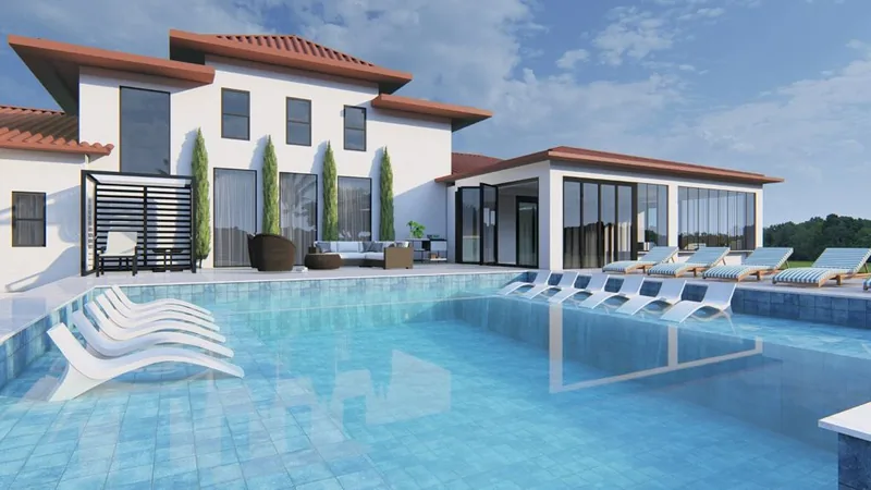 3D design rendering: pool with in-pool loungers, fire pit lounge and palms at a Mediterranean-style home