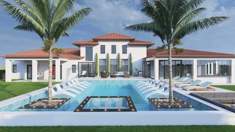 3D design rendering: pool with in-pool loungers, fire pit lounge and palms at a Mediterranean-style home