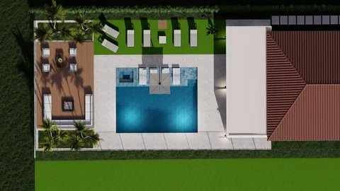 3D design rendering: rectangular pool with a sun shelf, loungers and a pergola (site plan, top view)