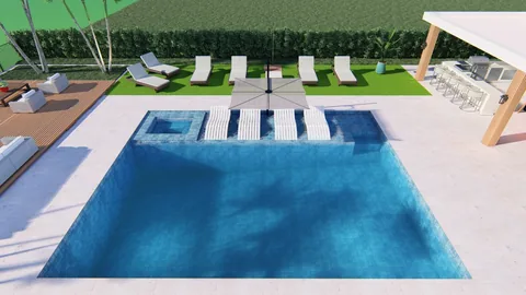 3D design rendering: rectangular pool with a sun shelf, loungers and a pergola