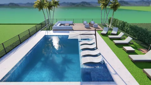 3D design rendering: rectangular pool with a sun shelf, loungers and a pergola