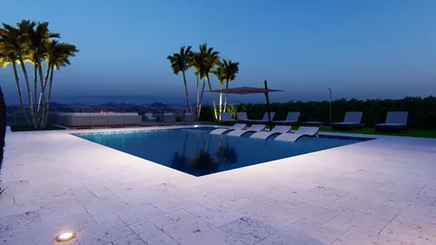 3D design rendering: rectangular pool with a sun shelf, loungers and a pergola