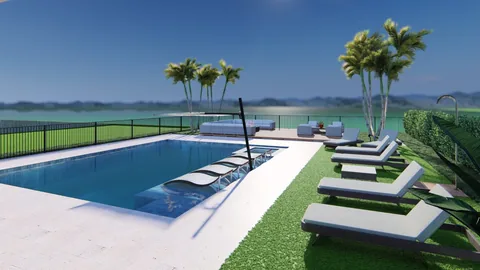 3D design rendering: rectangular pool with a sun shelf, loungers and a pergola