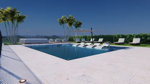 3D design rendering: rectangular pool with a sun shelf, loungers and a pergola