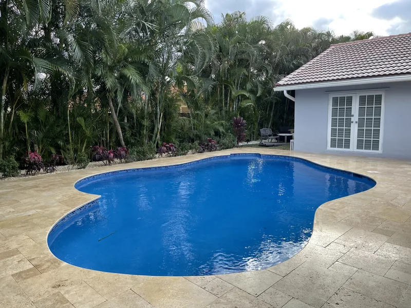 Renovated freeform pool with a fresh blue interior and a tan paver deck, palms and a house behind it