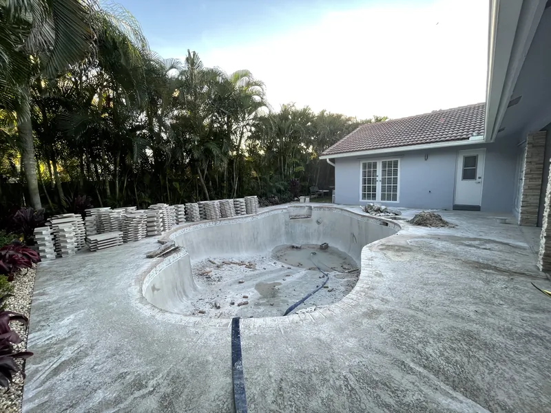 Before: the drained pool from the back corner, with old coping stacked by the hedge