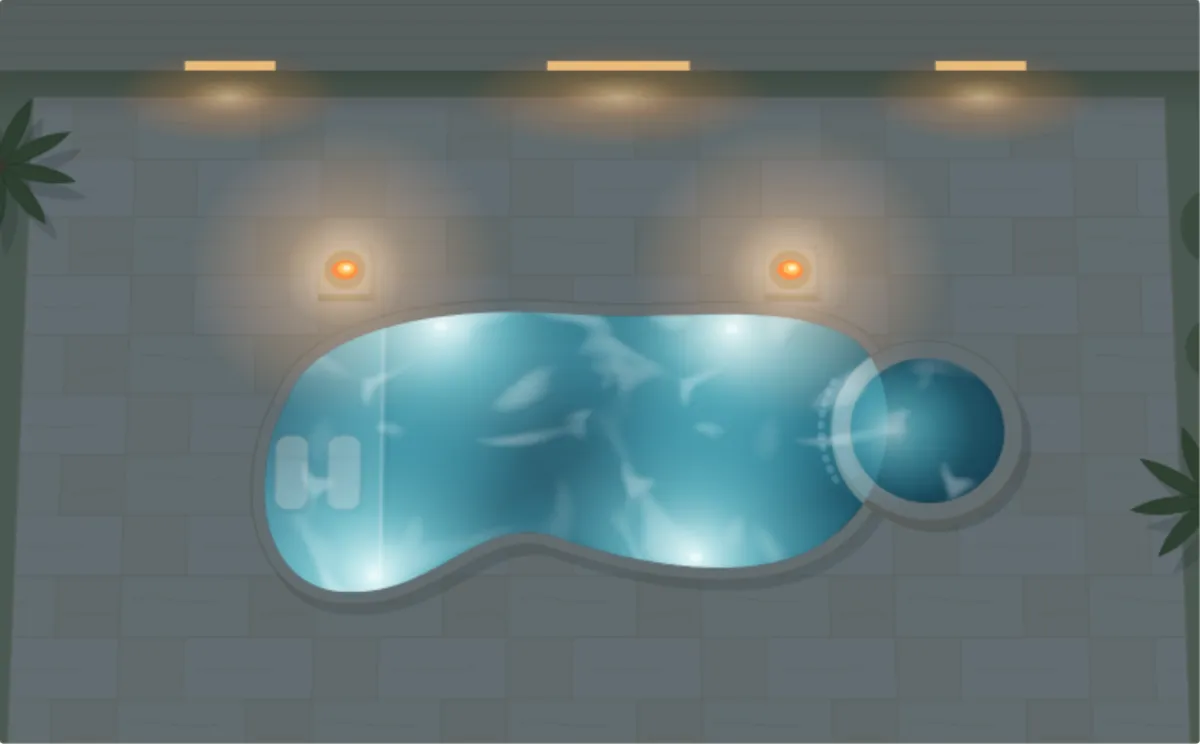 Illustration of a freeform pool at dusk with a spa, sun shelf, pool lights and fire bowls on a travertine deck